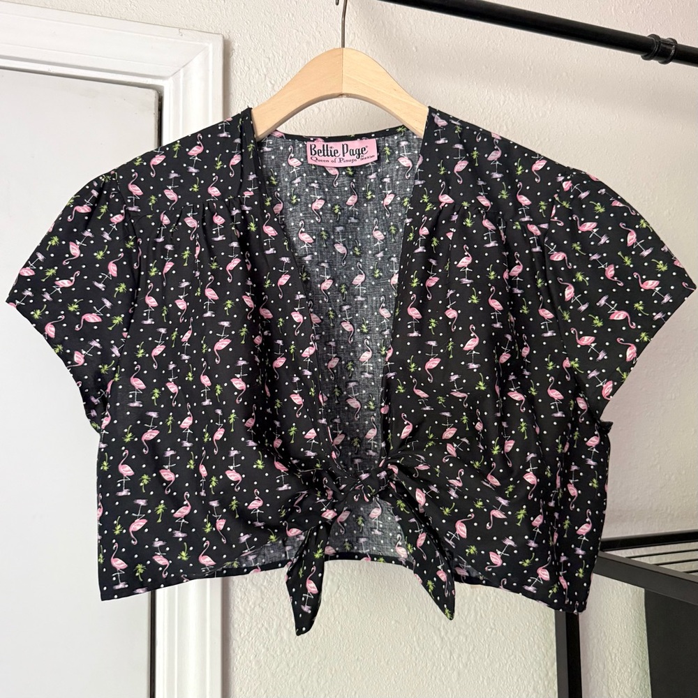 Bettie Page black‎ flamingo bird tropical print cotton tie front cropped top
